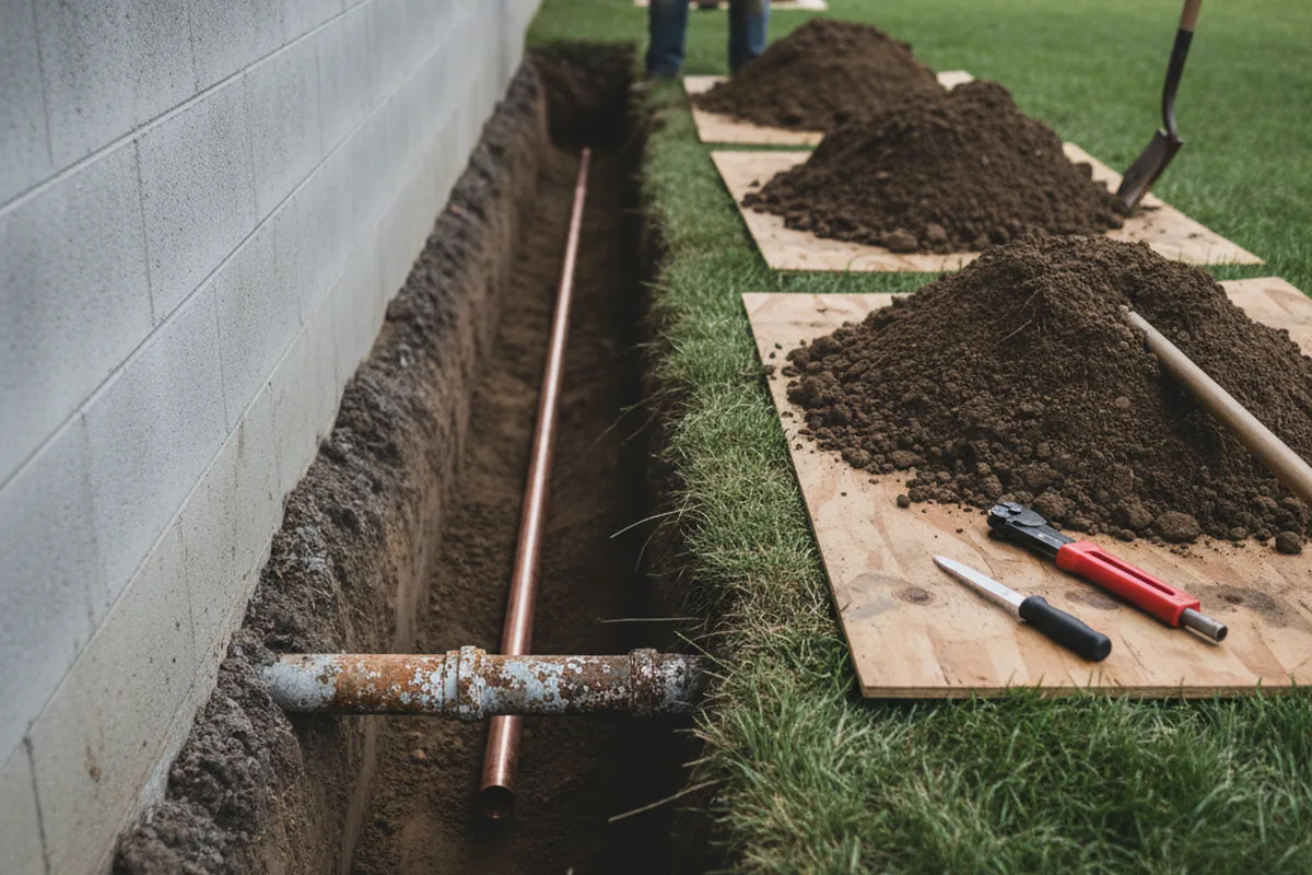 Excavated water line trench during Water Softener Installation in Rock Island